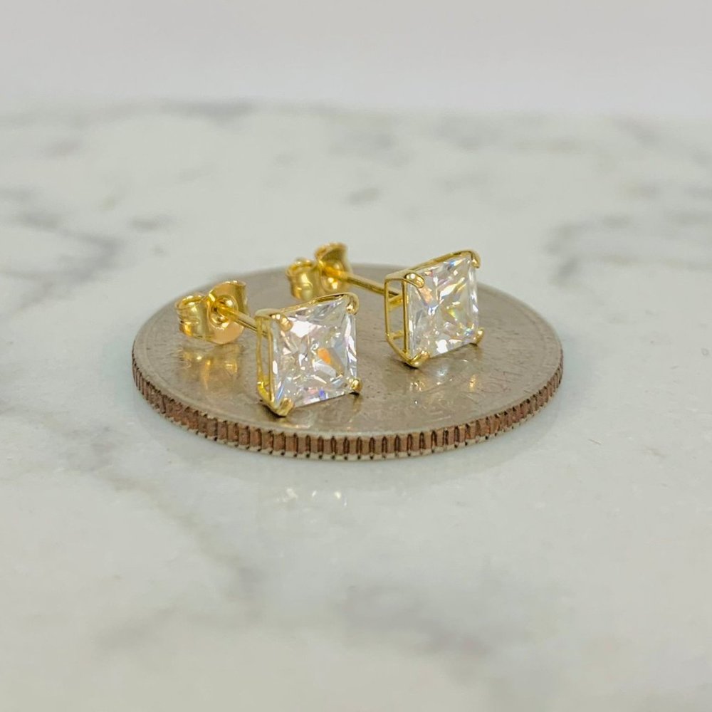 Cz Square Stud Earrings 10k Solid Yellow Gold For… - image 4